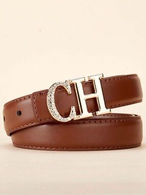 New CH Crystal-Embellished Brown Leather Belt for women size XL(110CM)